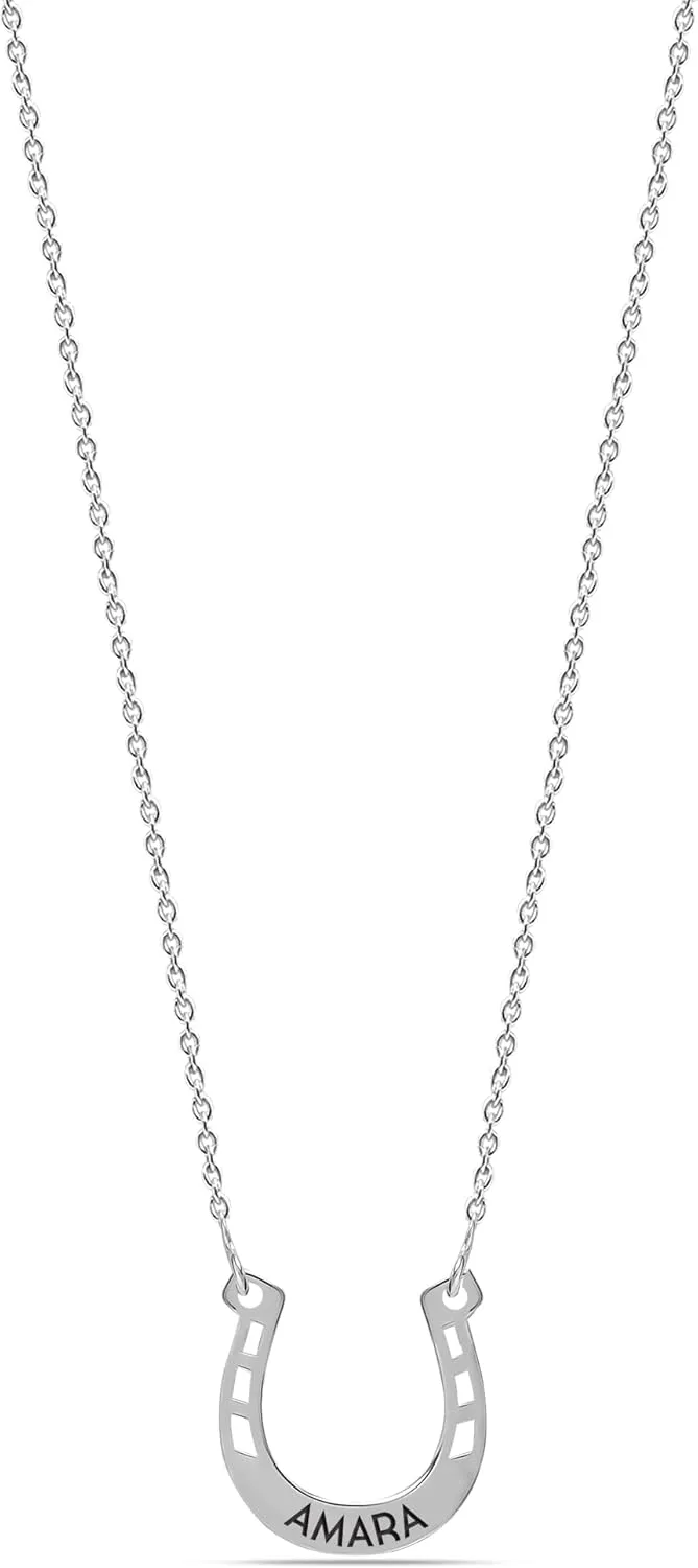 LeCalla 925 Sterling Silver Personalized HorseShoe Necklace with Customized Gift Box | Horse Shoe Clover Good Luck Pendant | Lucky Charm Custom Name Necklace For Women