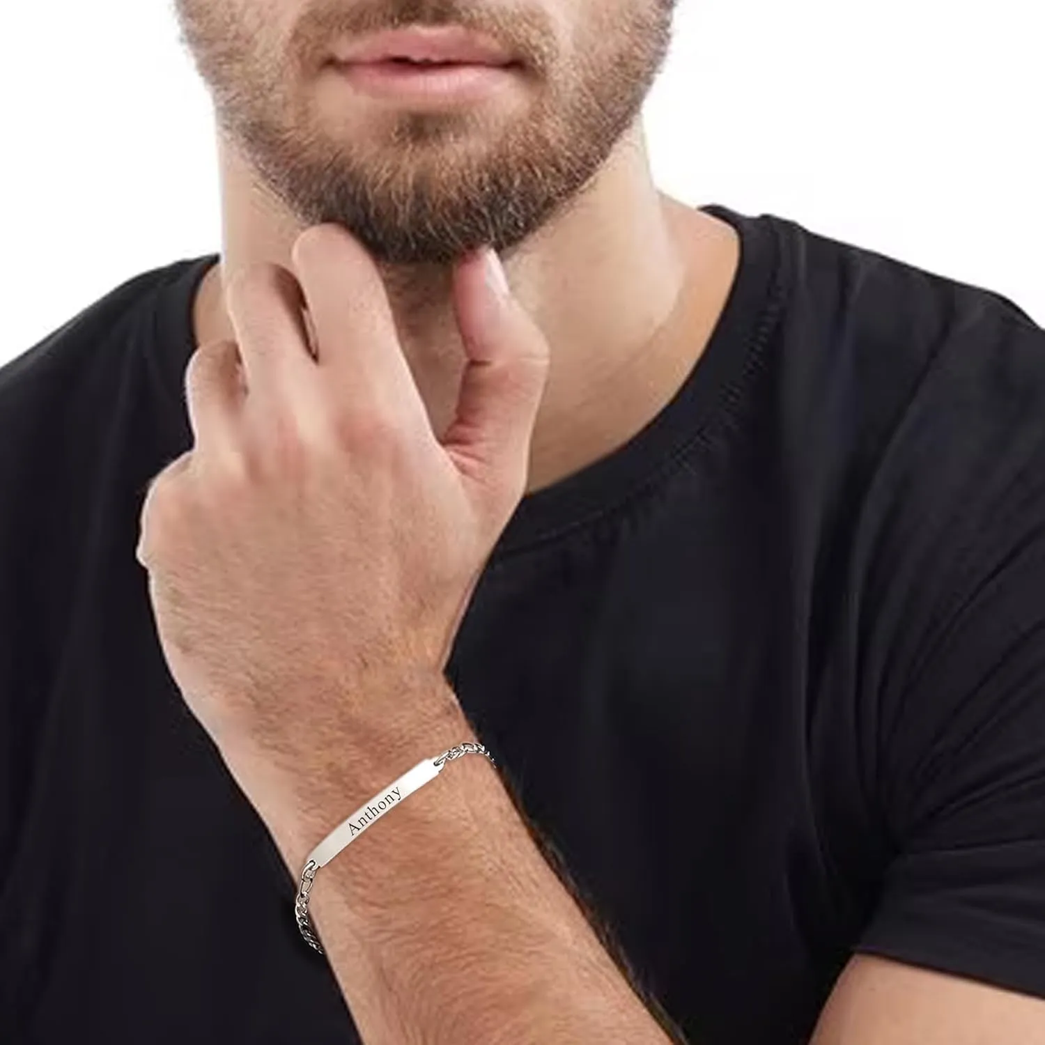 LeCalla Personalized Customised Engraved Custom ID Name Bracelet | Men's Link Bar ID Bracelet in 925 Sterling Silver | Custom Engraved Text/Date/ID Name Plate Birthday Christmas Fathers Day Jewelry Gift for Him Dad Husband