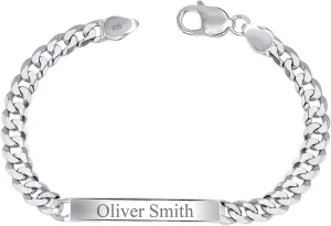LeCalla Personalized Customised Engraved Custom ID Name Bracelet | Men's Link Bar ID Bracelet in 925 Sterling Silver | Custom Engraved Text/Date/ID Name Plate Birthday Christmas Fathers Day Jewelry Gift for Him Dad Husband