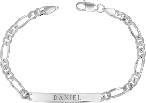 LeCalla Personalized Customised Engraved Name Men's Figaro Chain ID Bracelet in 925 Sterling Silver Personalized Custom Birthday Christmas Fathers Day Jewelry Gift for Dad Husband