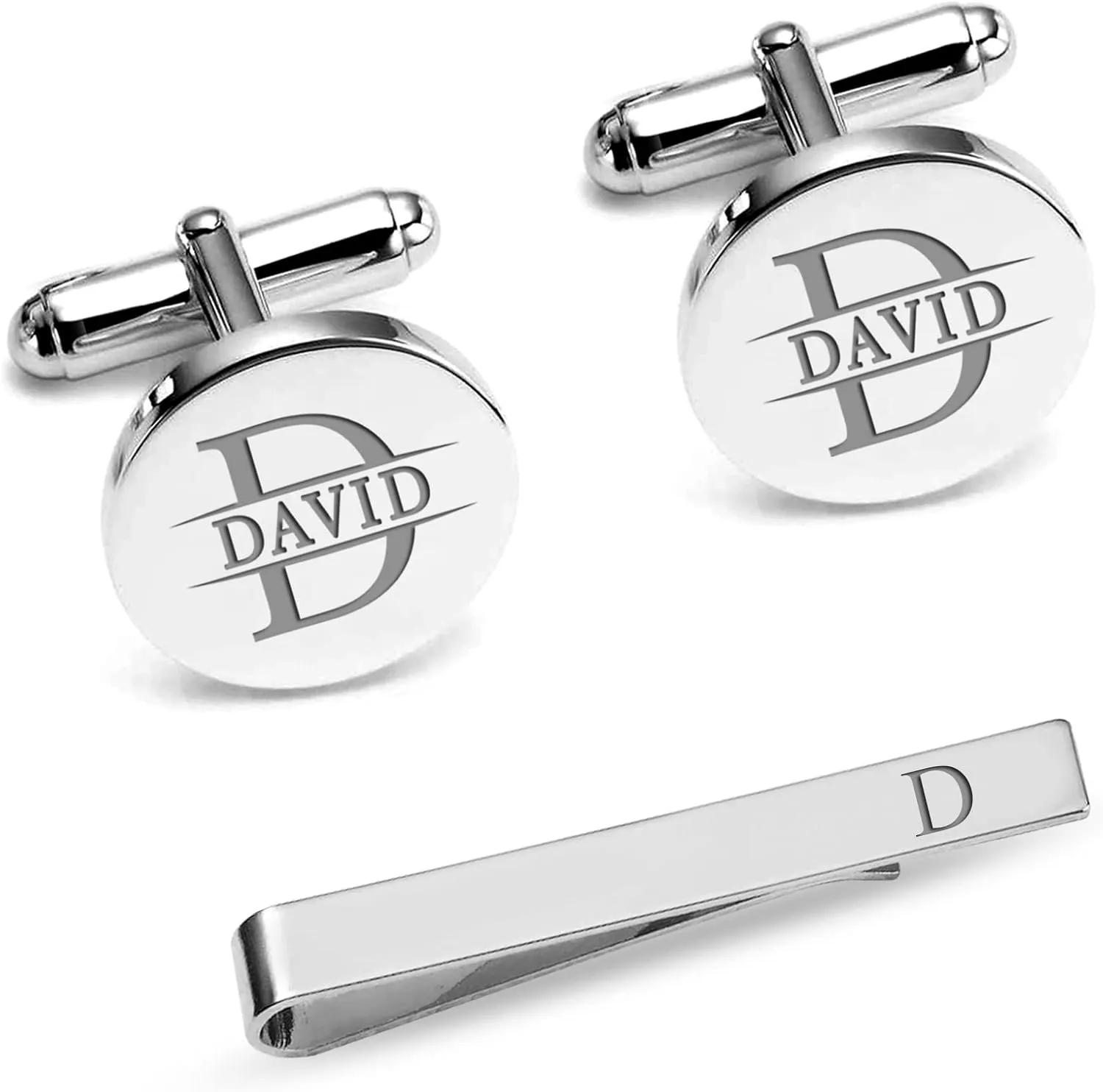 LeCalla Personalized Customized Engraved Initial or Name Designer Cufflinks and Tie Clip Set Collection - Ideal Father's Day Gift for Men