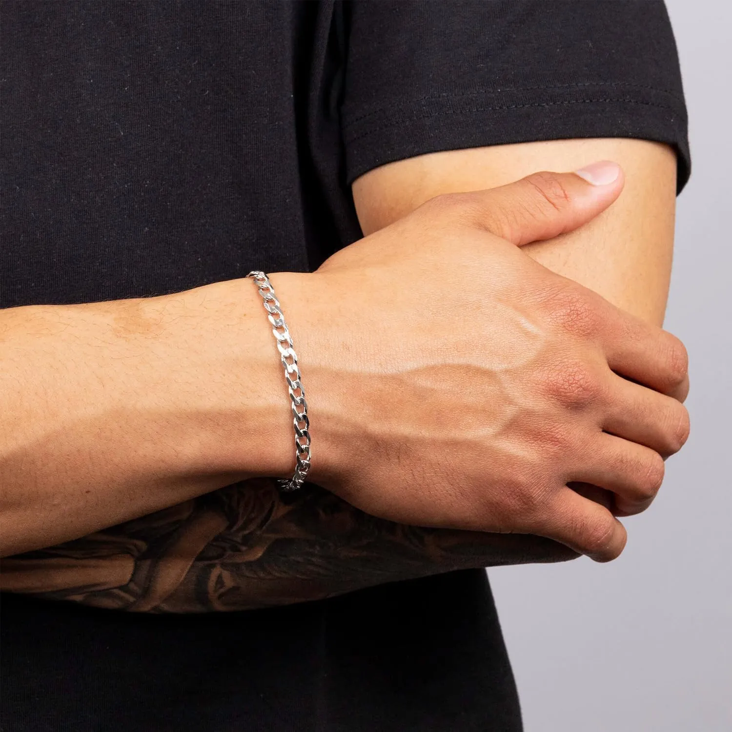 LeCalla Solid 925 Sterling Silver Curb Chain Bracelet for Men | Italian 6mm, 7mm Diamond Cut Cuban Link Curb Chain Bracelet (7.5, 8, 8.5 & 9 Inches), Made in Italy