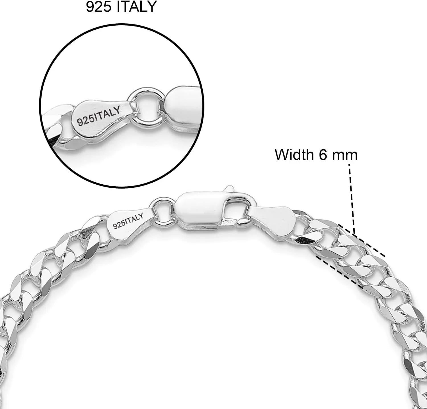 LeCalla Solid 925 Sterling Silver Curb Chain Bracelet for Men | Italian 6mm, 7mm Diamond Cut Cuban Link Curb Chain Bracelet (7.5, 8, 8.5 & 9 Inches), Made in Italy