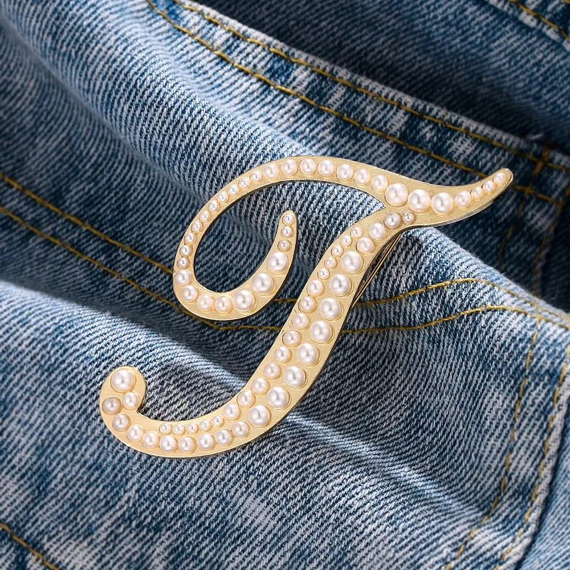 Letters Fashion Pearl Initial Letters Brooch Pins in Gold Color Plated