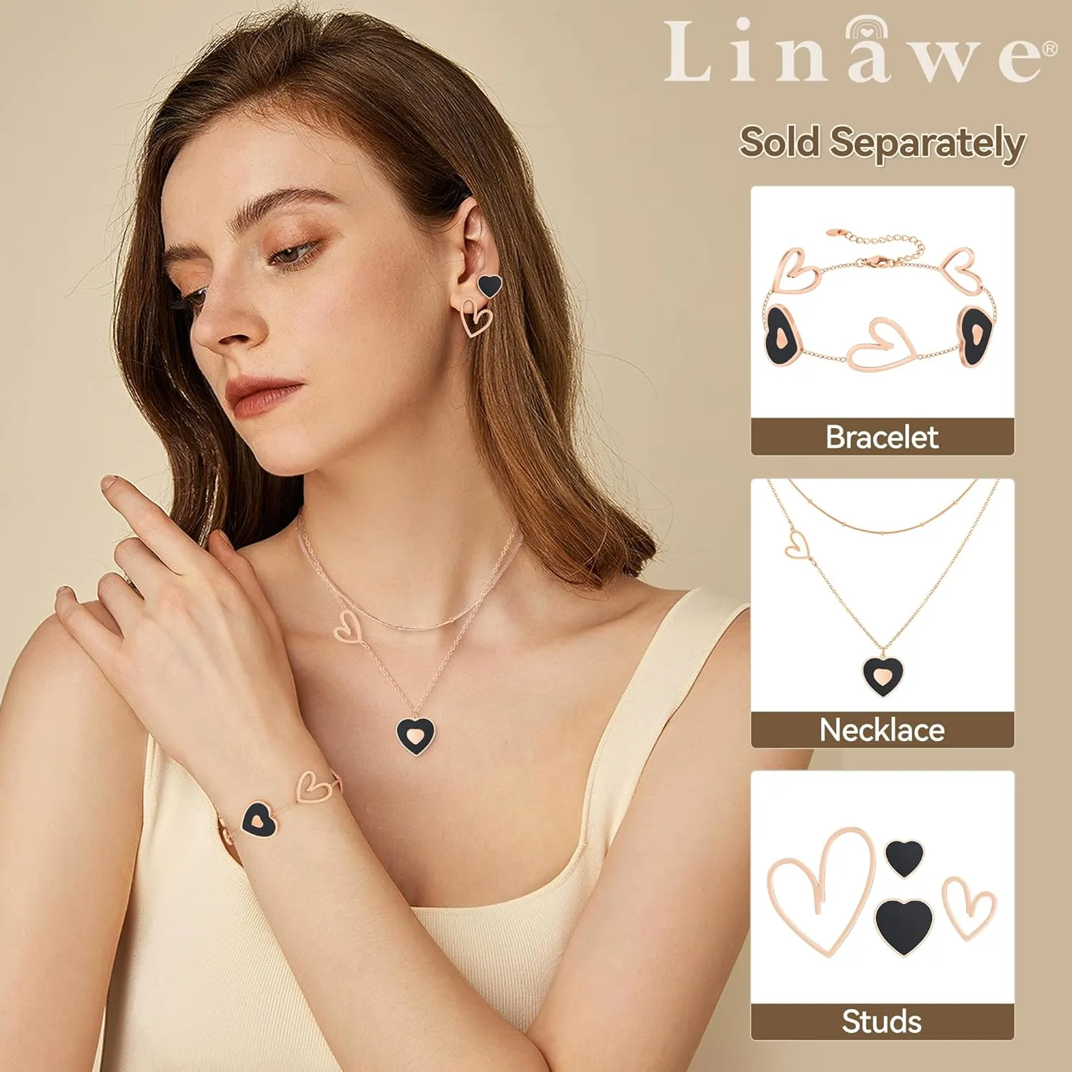 Linawe Layered Choker Heart Pendant Necklace for Women Trendy, Gold/Silver/Rose Gold Chain Stainless Steel Stacked Necklaces, Double Heart Necklace Y2K Preppy Jewelry