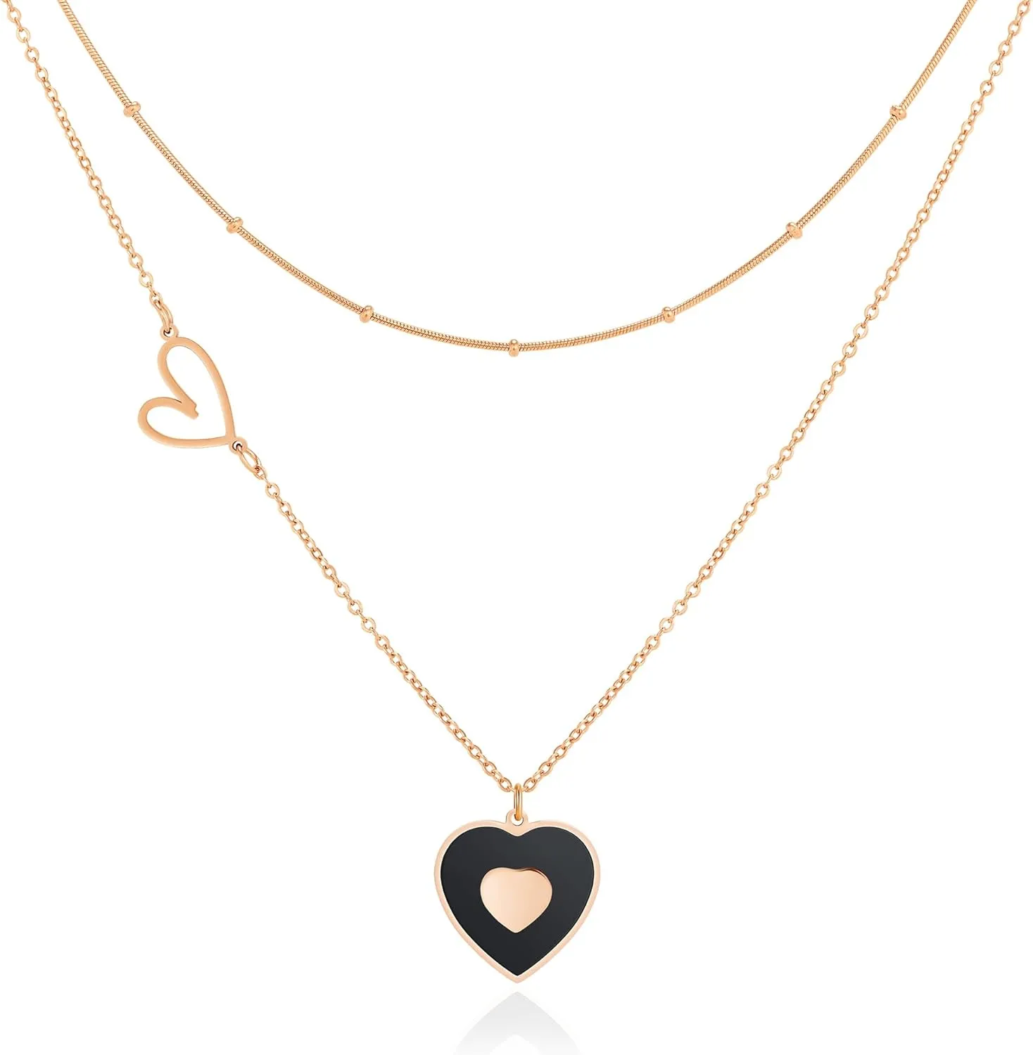 Linawe Layered Choker Heart Pendant Necklace for Women Trendy, Gold/Silver/Rose Gold Chain Stainless Steel Stacked Necklaces, Double Heart Necklace Y2K Preppy Jewelry