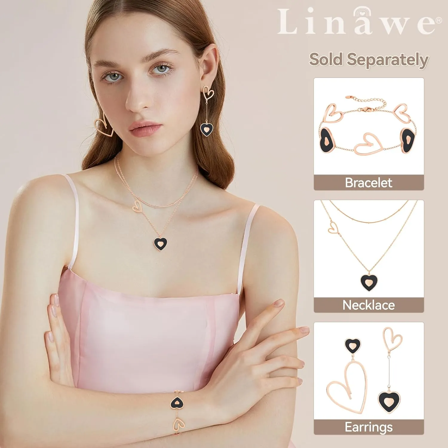 Linawe Layered Choker Heart Pendant Necklace for Women Trendy, Gold/Silver/Rose Gold Chain Stainless Steel Stacked Necklaces, Double Heart Necklace Y2K Preppy Jewelry