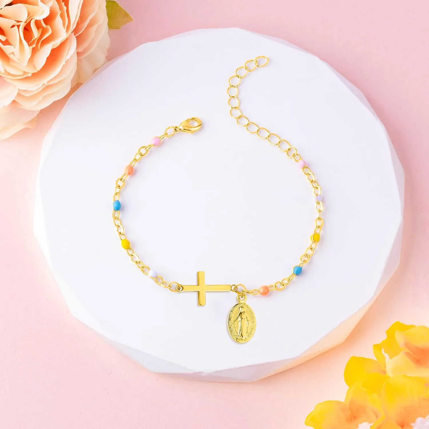 LINY Women's Rosary Bracelet Virgin Mary Cross Confirmation Bracelets for Teens Religious Catholic Jewelry Gifts for Godmother Daughter Baptism Confirmation Gifts