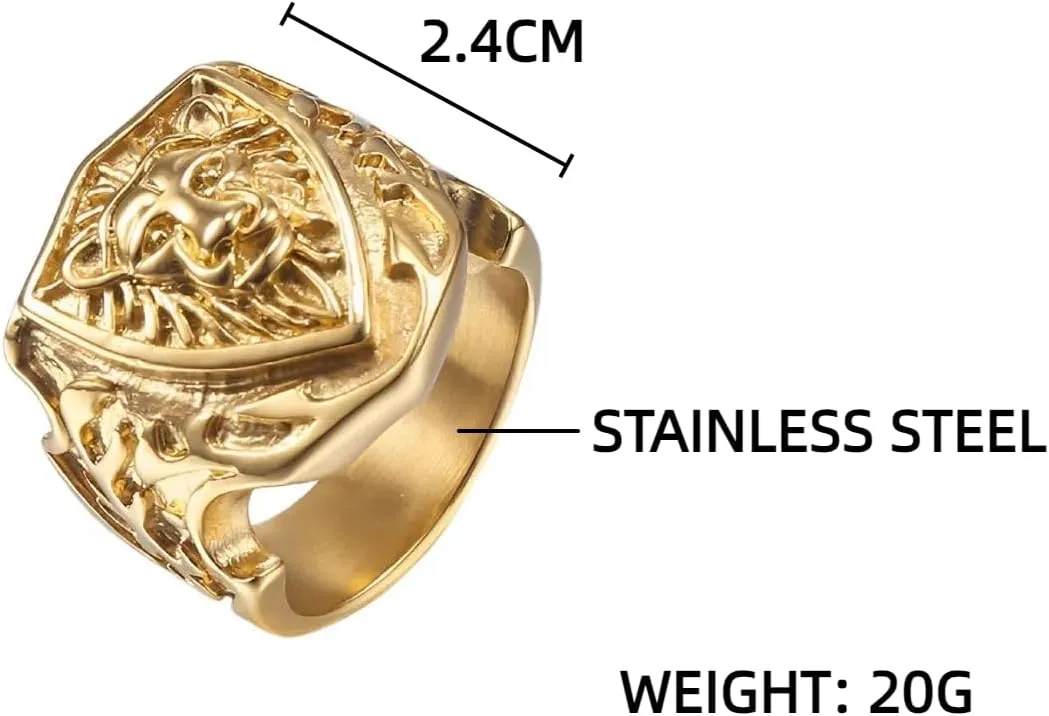Lion Shield Ring for Men Classic Lion Head Ring, Vintage Lion Shield Ring Antique Lion Animal Ring Mens Punk Lion Warrior Jewelry Powerful Lion Head Ring Lion Shield Biker Ring