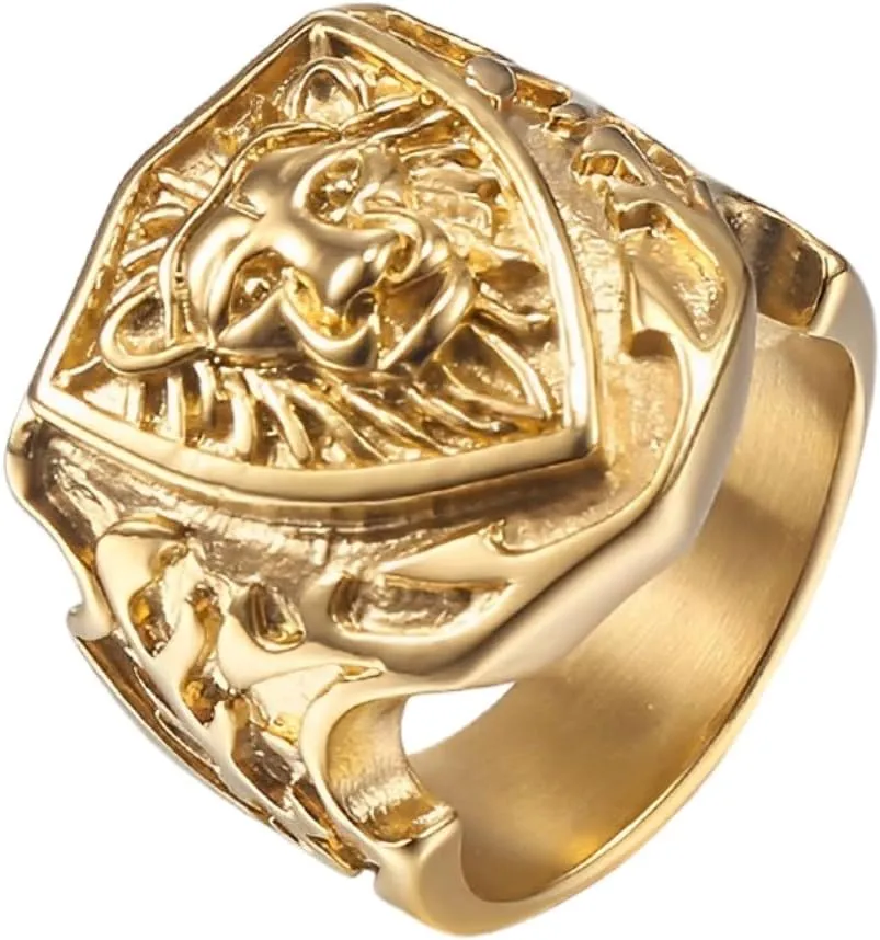 Lion Shield Ring for Men Classic Lion Head Ring, Vintage Lion Shield Ring Antique Lion Animal Ring Mens Punk Lion Warrior Jewelry Powerful Lion Head Ring Lion Shield Biker Ring