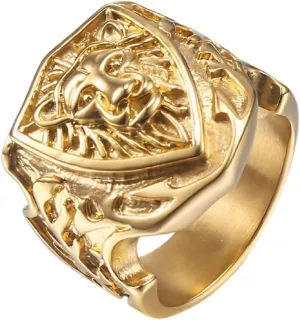 Lion Shield Ring for Men Classic Lion Head Ring, Vintage Lion Shield Ring Antique Lion Animal Ring Mens Punk Lion Warrior Jewelry Powerful Lion Head Ring Lion Shield Biker Ring