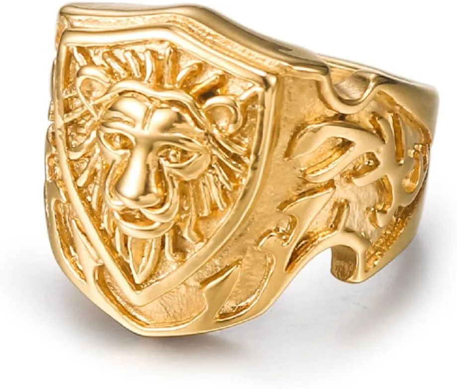 Lion Shield Ring for Men Classic Lion Head Ring, Vintage Lion Shield Ring Antique Lion Animal Ring Mens Punk Lion Warrior Jewelry Powerful Lion Head Ring Lion Shield Biker Ring