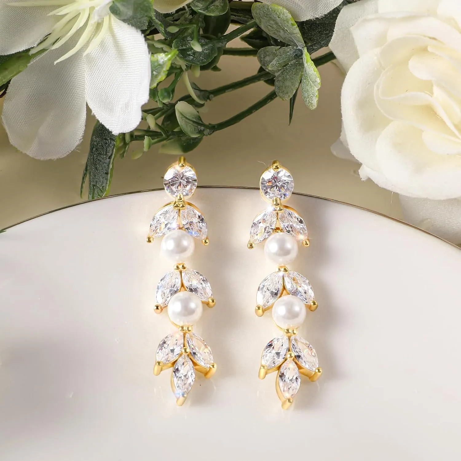 LOIPURIS S925 Silver Drop Dangle Pearl Earrings for Brides, Gold/Silver Bridal Jewelry for Wedding with Marquise 5A Cubic Zirconia