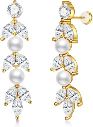 LOIPURIS S925 Silver Drop Dangle Pearl Earrings for Brides, Gold/Silver Bridal Jewelry for Wedding with Marquise 5A Cubic Zirconia