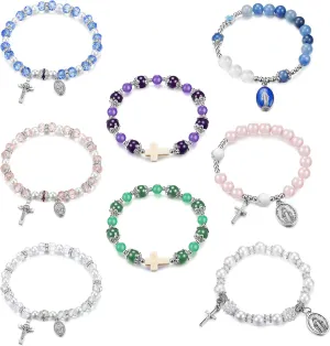 LOLIAS 8Pcs Rosary Beads Catholic Stretch Bracelets for Women Crystal Cross Bracelet with Crucifix Medal