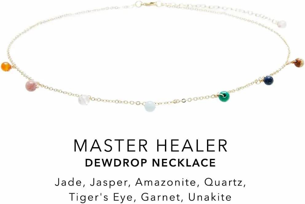 Lotus and Luna Dewdrop Necklace Energy Chakra Healing Stones Dainty Layering Necklace (Jade, Jasper, Amazonite, Quartz, Pearl, Rose Quartz)