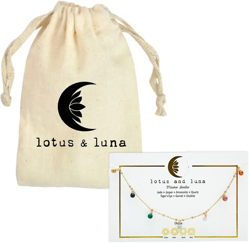 Lotus and Luna Dewdrop Necklace Energy Chakra Healing Stones Dainty Layering Necklace (Jade, Jasper, Amazonite, Quartz, Pearl, Rose Quartz)
