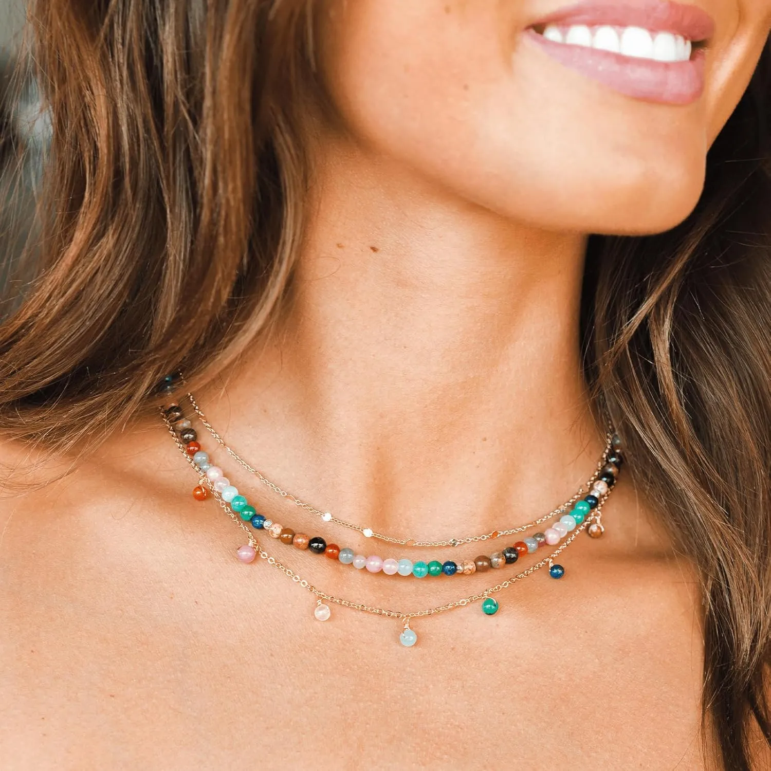 Lotus and Luna Dewdrop Necklace Energy Chakra Healing Stones Dainty Layering Necklace (Jade, Jasper, Amazonite, Quartz, Pearl, Rose Quartz)
