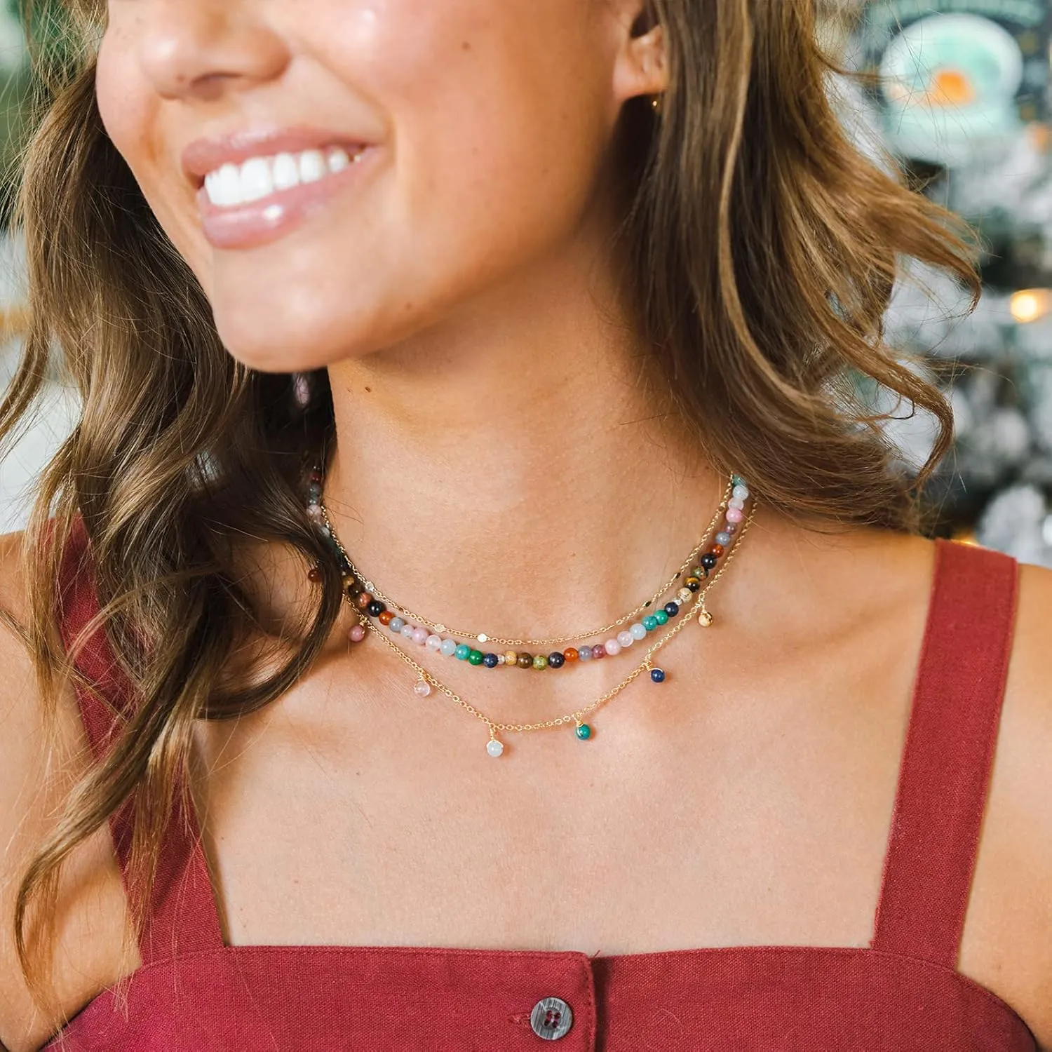 Lotus and Luna Dewdrop Necklace Energy Chakra Healing Stones Dainty Layering Necklace (Jade, Jasper, Amazonite, Quartz, Pearl, Rose Quartz)