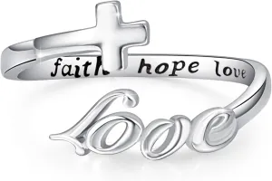 Love Ring,Love Cross Rings,S925 Sterling Silver Adjustable Faith Hope Love Wrap Inspiring Ring Faithful Christian Band Ring for Women