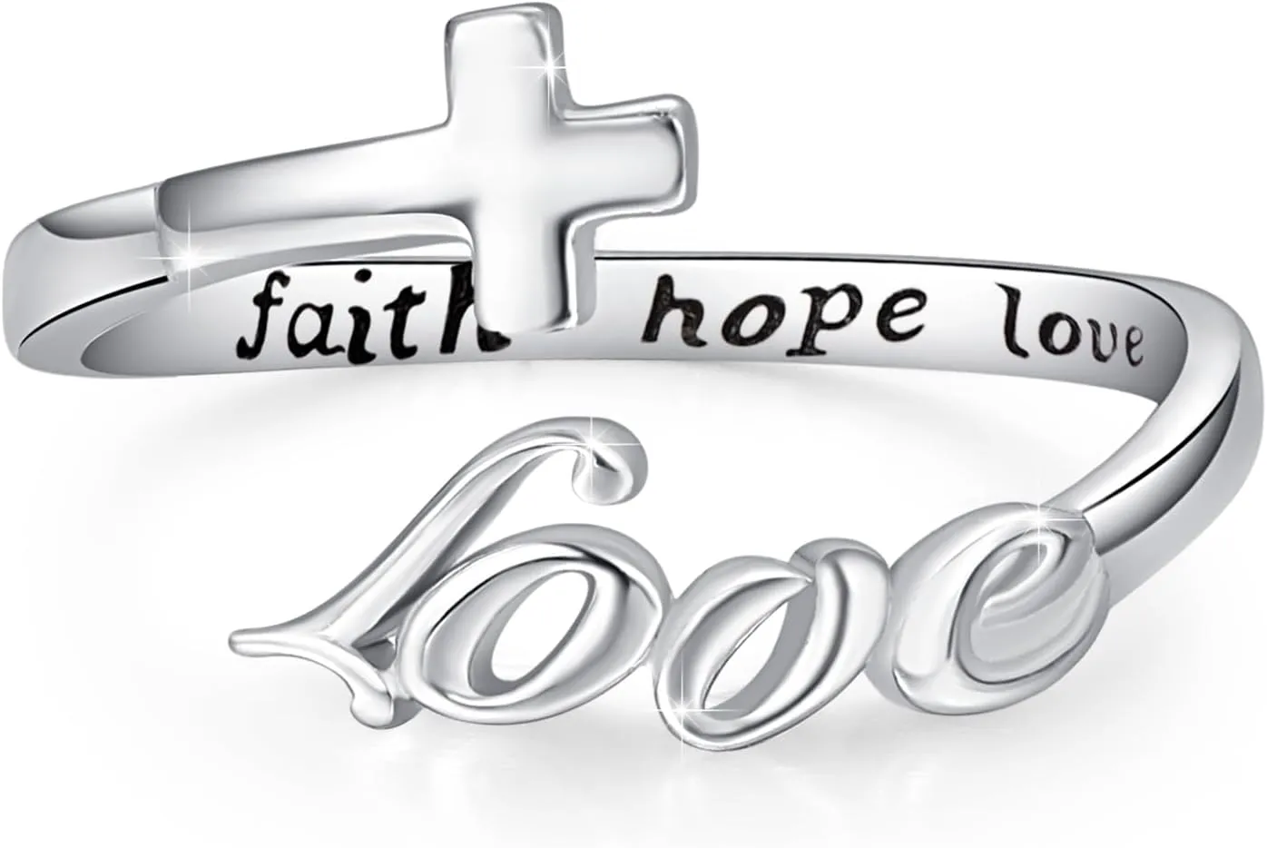 Love Ring,Love Cross Rings,S925 Sterling Silver Adjustable Faith Hope Love Wrap Inspiring Ring Faithful Christian Band Ring for Women