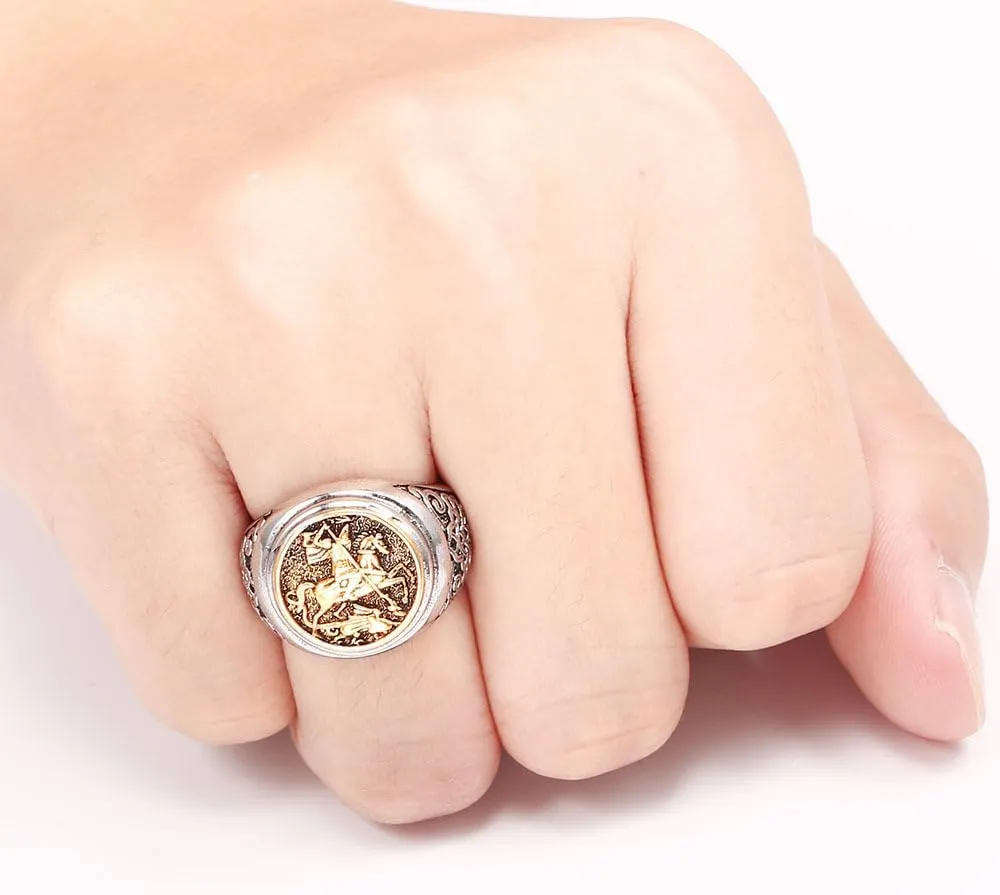 LRESJJIUJ Saint George Men's Faith Ring 14k Gold Plated Retro Roman Cavalry Seal Ring Christian Religious Jewelry Norse Mythology Viking Ring(Size 9)