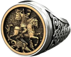 LRESJJIUJ Saint George Men's Faith Ring 14k Gold Plated Retro Roman Cavalry Seal Ring Christian Religious Jewelry Norse Mythology Viking Ring(Size 9)