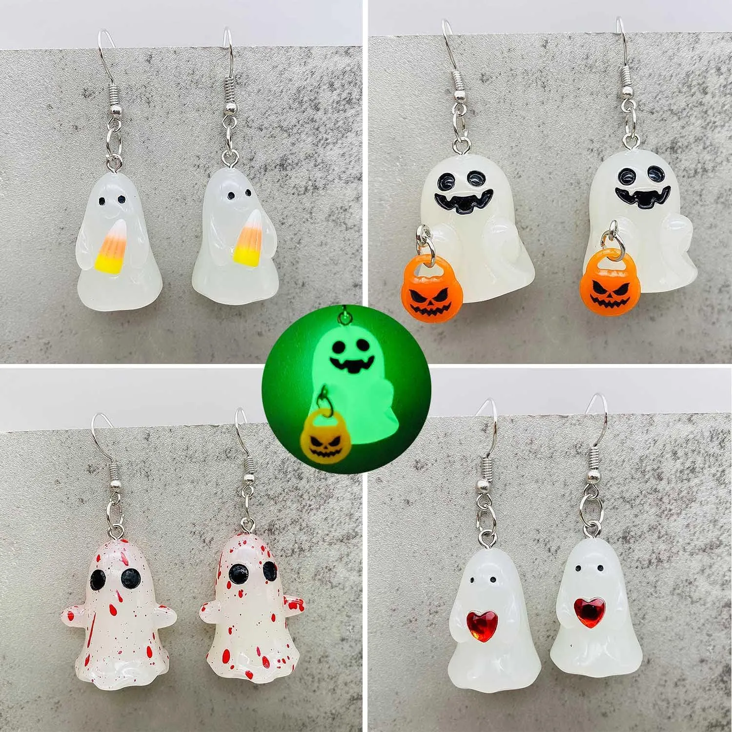 Luminous Ghost Halloween Necklace Earrings Set Glow-In-The-Dark Cute Funny Ghost Drift Bottle Jewelry Set Luminous Pumpkin Candy Heart Blood Spooky Ghost Halloween Costume