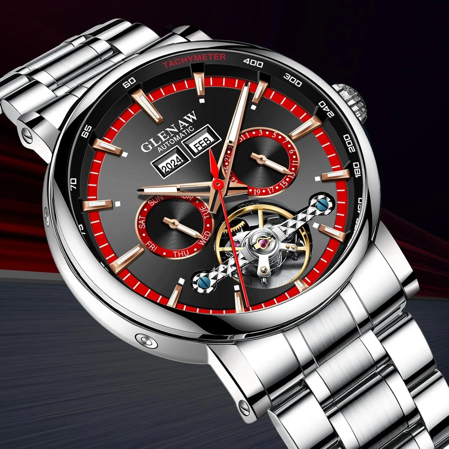 Luxury Automatic Mechanical Mens Watche-Skeleton Dial, Day Date Tourbillon Self Winding Dress Wrist Watches Luminous
