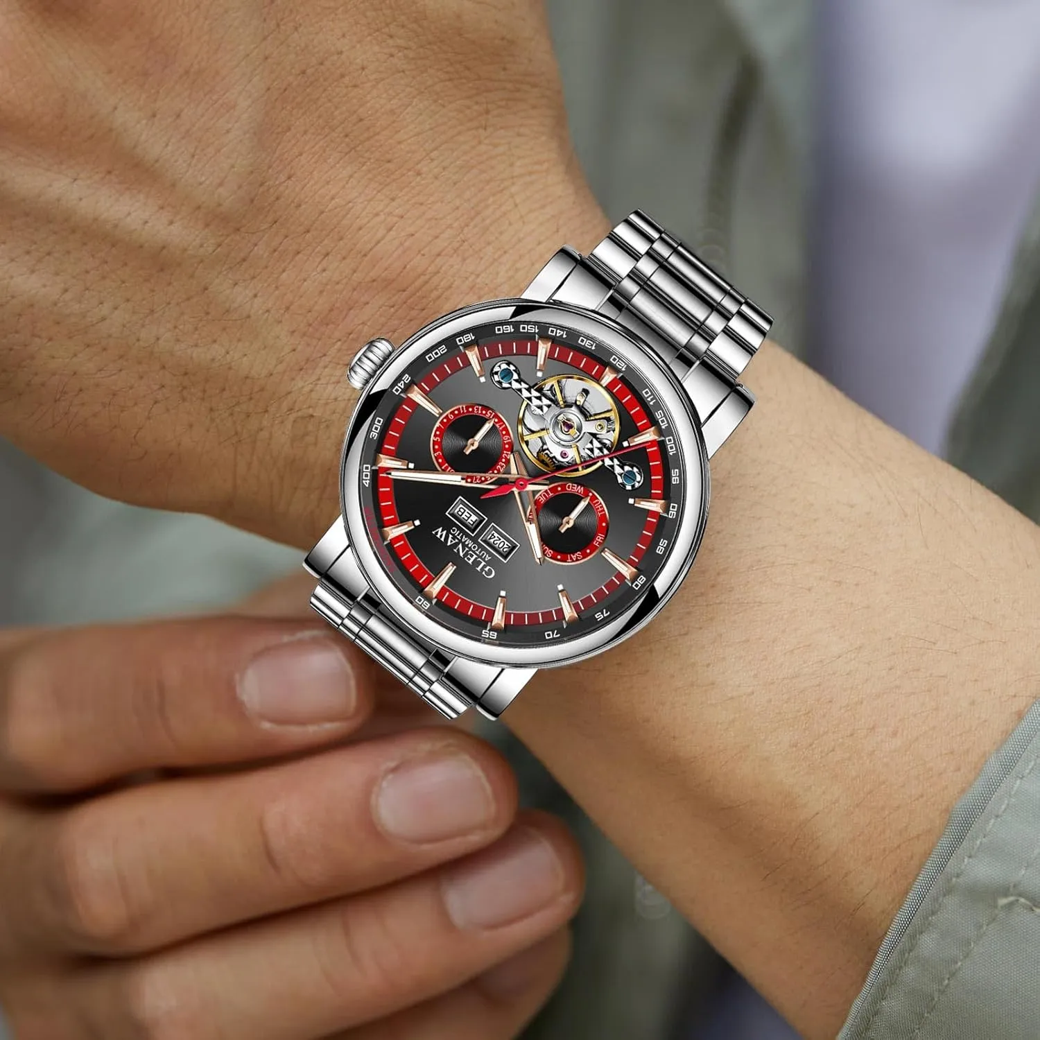 Luxury Automatic Mechanical Mens Watche-Skeleton Dial, Day Date Tourbillon Self Winding Dress Wrist Watches Luminous