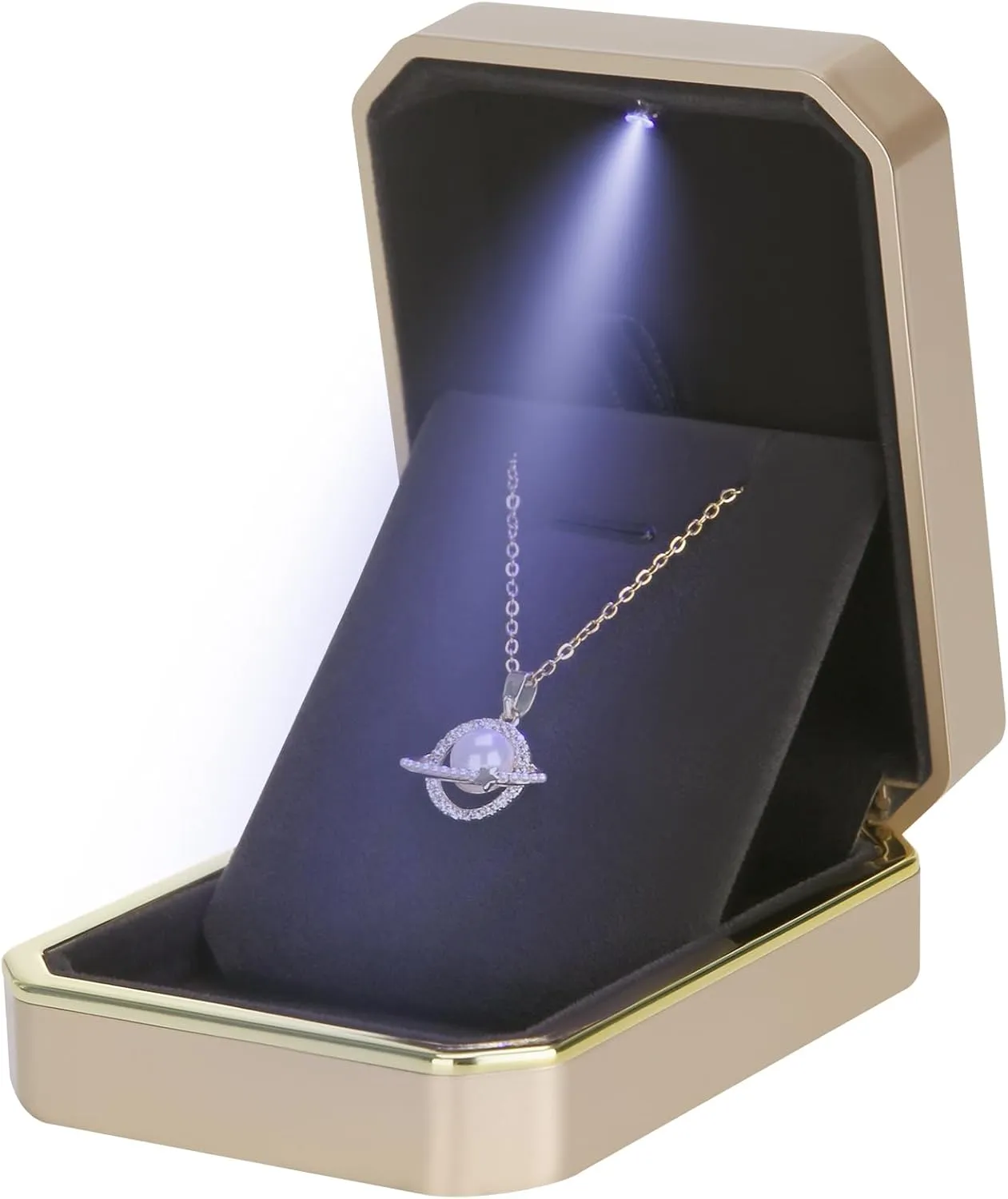 Luxury LED Pendant Necklace Gift Box with LED Light, Velvet Jewelry Storage Display Case for Proposal Engagement Wedding Anniversary Birthday Valentine's Day (Gold)