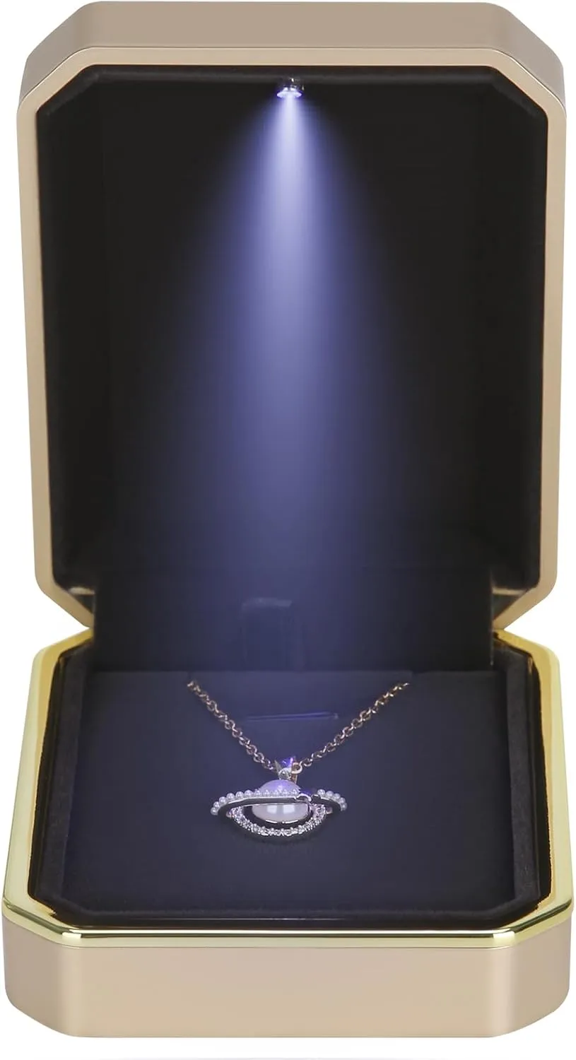 Luxury LED Pendant Necklace Gift Box with LED Light, Velvet Jewelry Storage Display Case for Proposal Engagement Wedding Anniversary Birthday Valentine's Day (Gold)