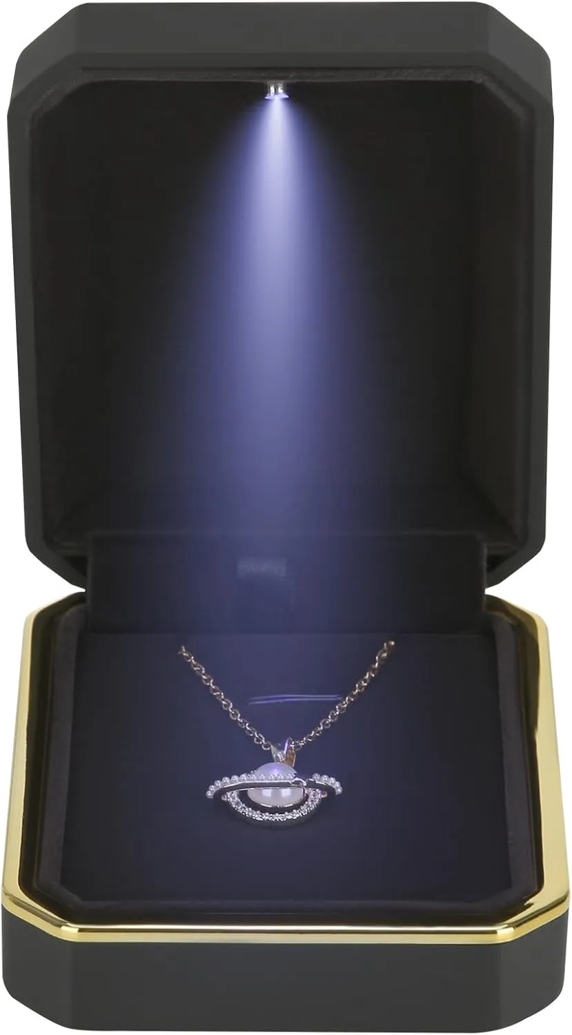 Luxury LED Pendant Necklace Gift Box with LED Light, Velvet Jewelry Storage Display Case for Proposal Engagement Wedding Anniversary Birthday(Black)
