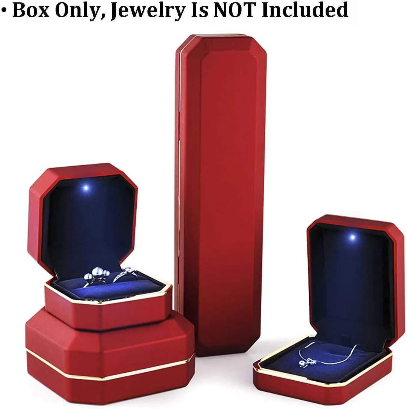 Luxury Ring Box, Square Velvet Wedding Ring Case Jewelry Gift Box with LED Light for Proposal Engagement Wedding, Red