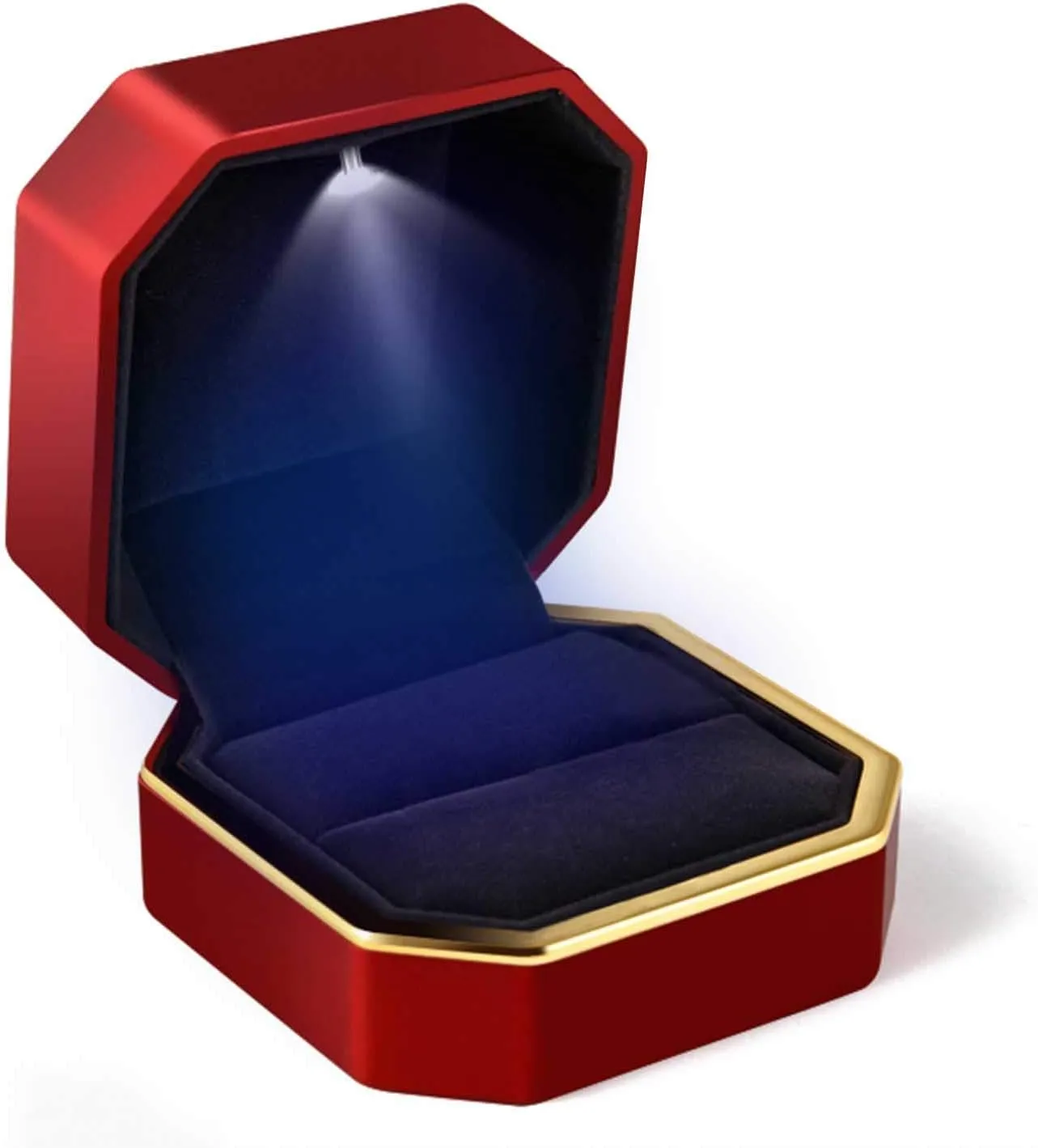 Luxury Ring Box, Square Velvet Wedding Ring Case Jewelry Gift Box with LED Light for Proposal Engagement Wedding, Red