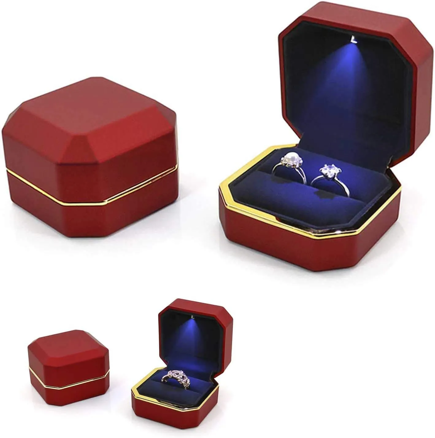 Luxury Ring Box, Square Velvet Wedding Ring Case Jewelry Gift Box with LED Light for Proposal Engagement Wedding, Red