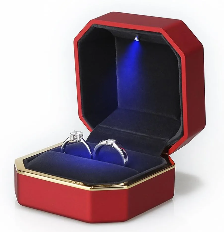 Luxury Ring Box, Square Velvet Wedding Ring Case Jewelry Gift Box with LED Light for Proposal Engagement Wedding, Red