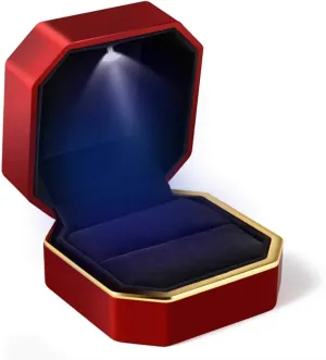 Luxury Ring Box, Square Velvet Wedding Ring Case Jewelry Gift Box with LED Light for Proposal Engagement Wedding, Red