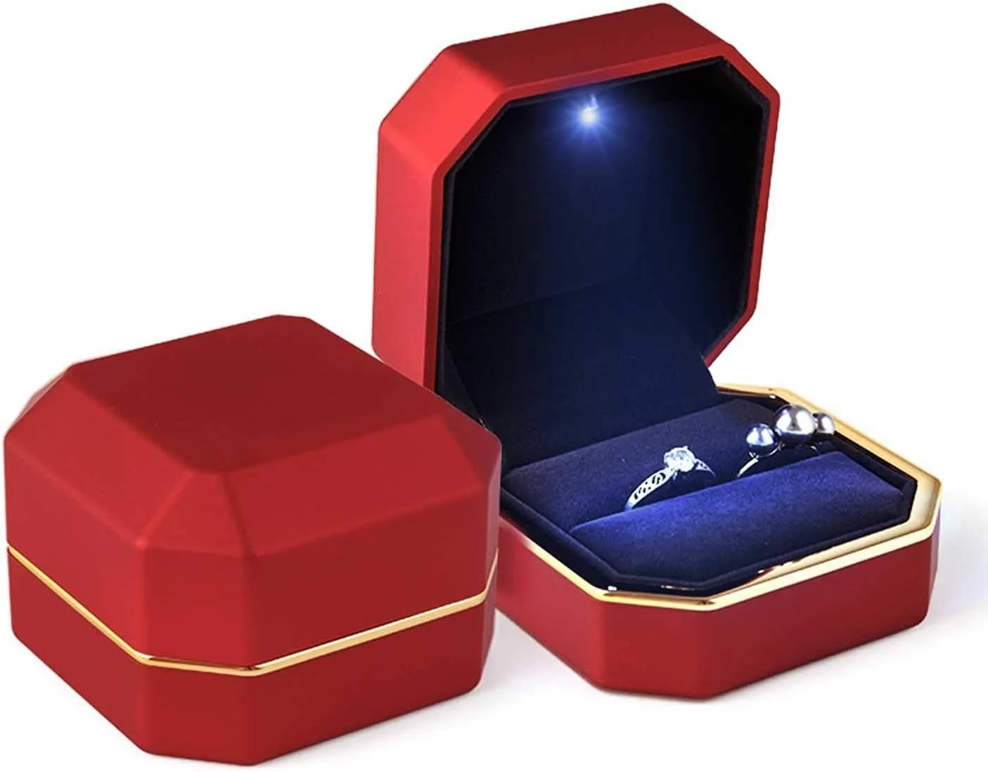 Luxury Ring Box, Square Velvet Wedding Ring Case Jewelry Gift Box with LED Light for Proposal Engagement Wedding, Red