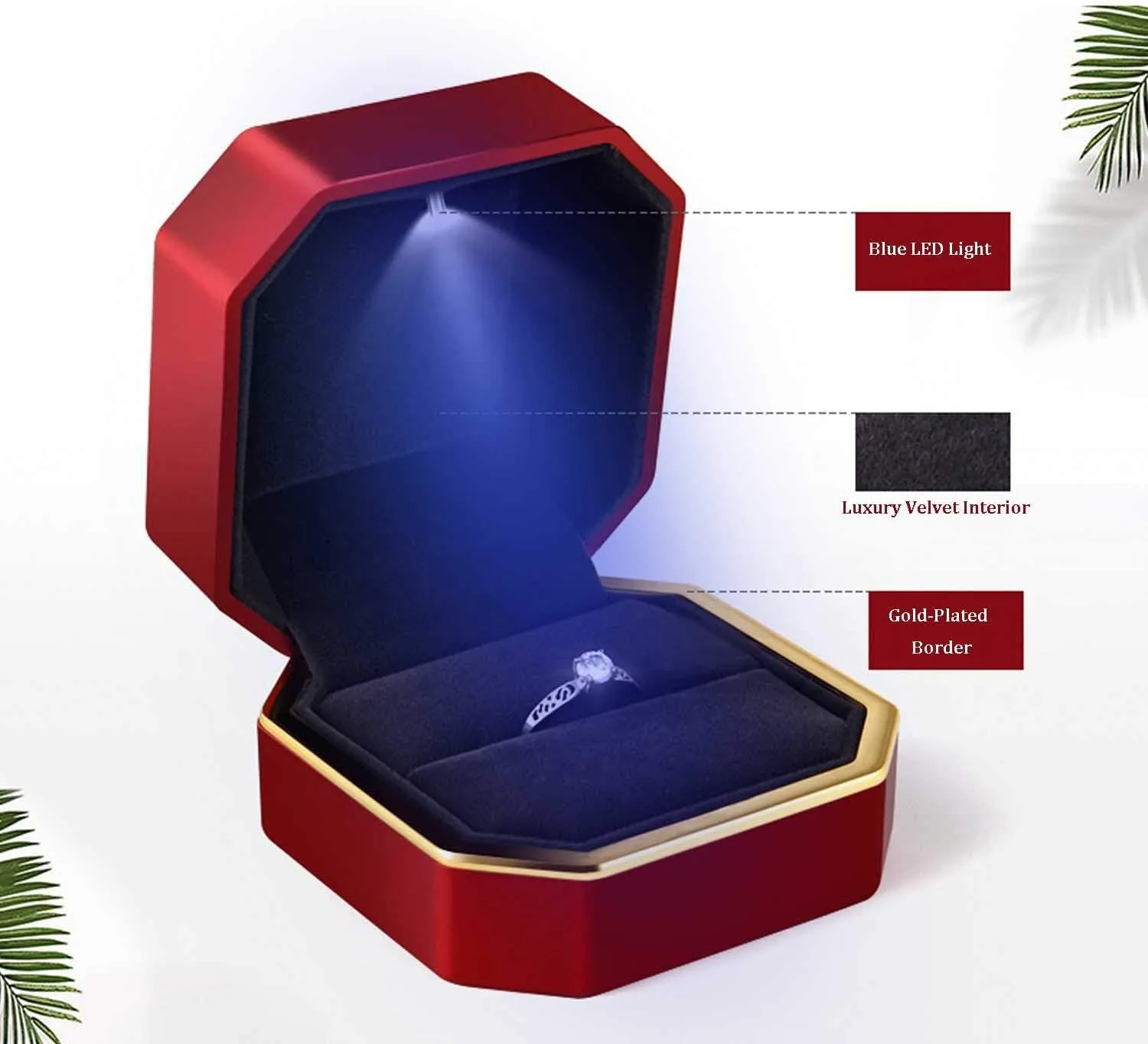Luxury Ring Box, Square Velvet Wedding Ring Case Jewelry Gift Box with LED Light for Proposal Engagement Wedding, Red