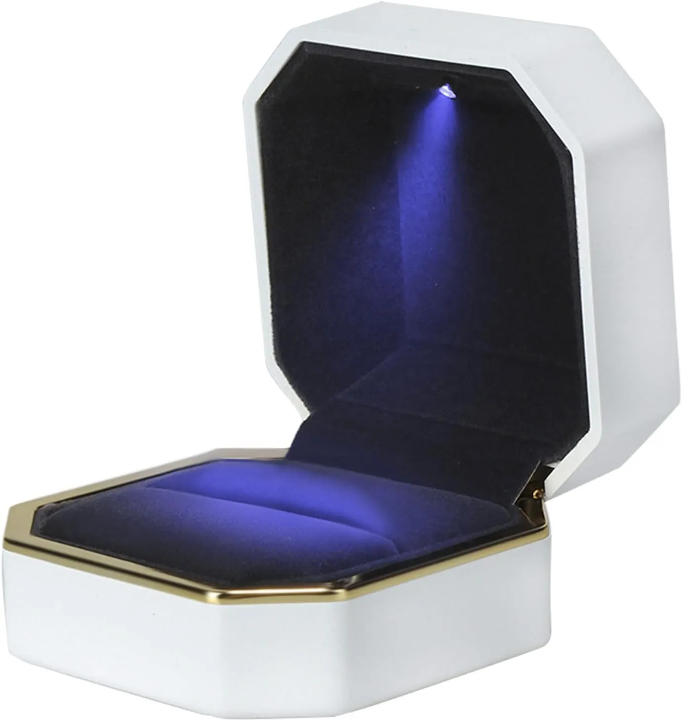 Luxury Ring Box, Square Velvet Wedding Ring Case Jewelry Gift Box with LED Light for Proposal Engagement Wedding, White
