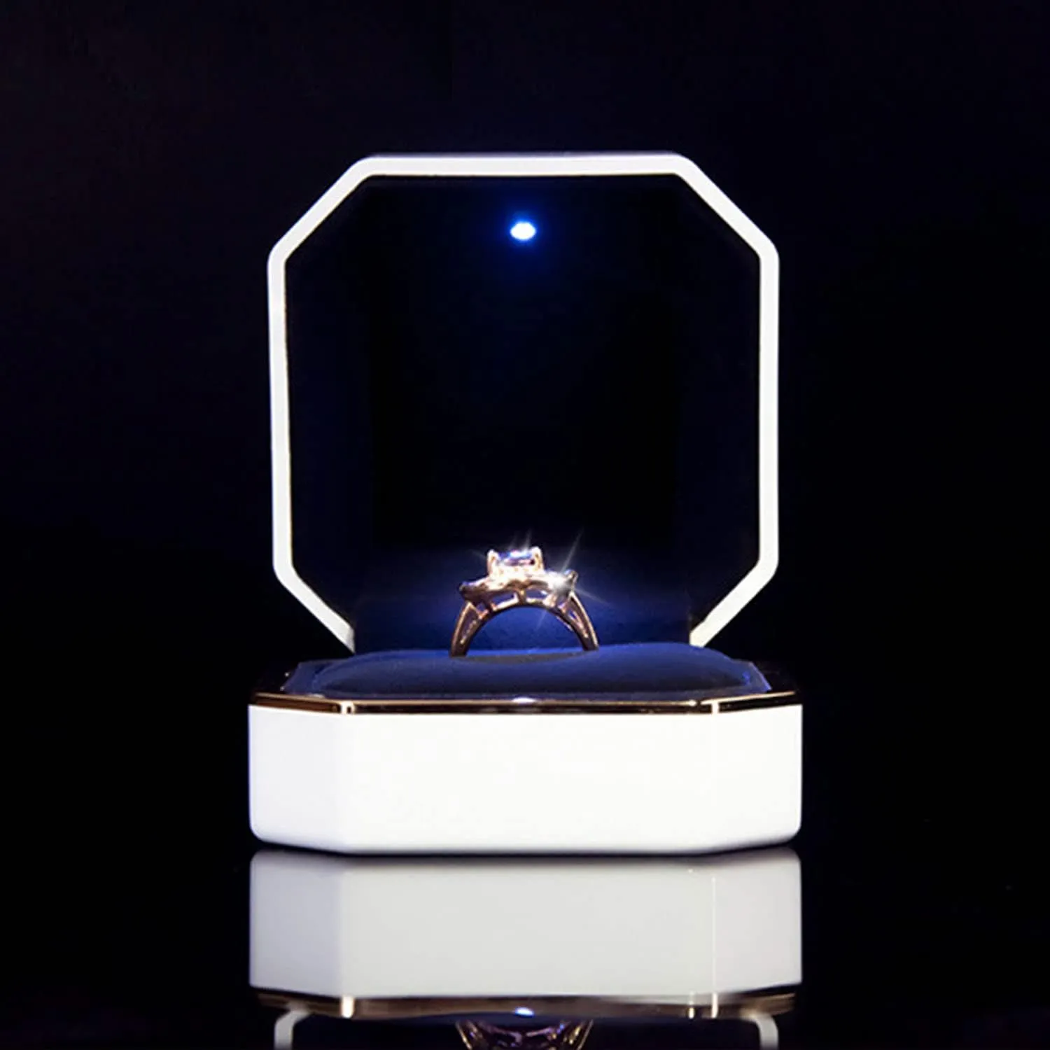 Luxury Ring Box, Square Velvet Wedding Ring Case Jewelry Gift Box with LED Light for Proposal Engagement Wedding, White