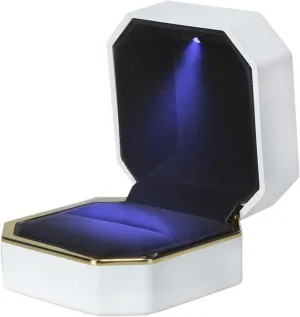 Luxury Ring Box, Square Velvet Wedding Ring Case Jewelry Gift Box with LED Light for Proposal Engagement Wedding, White