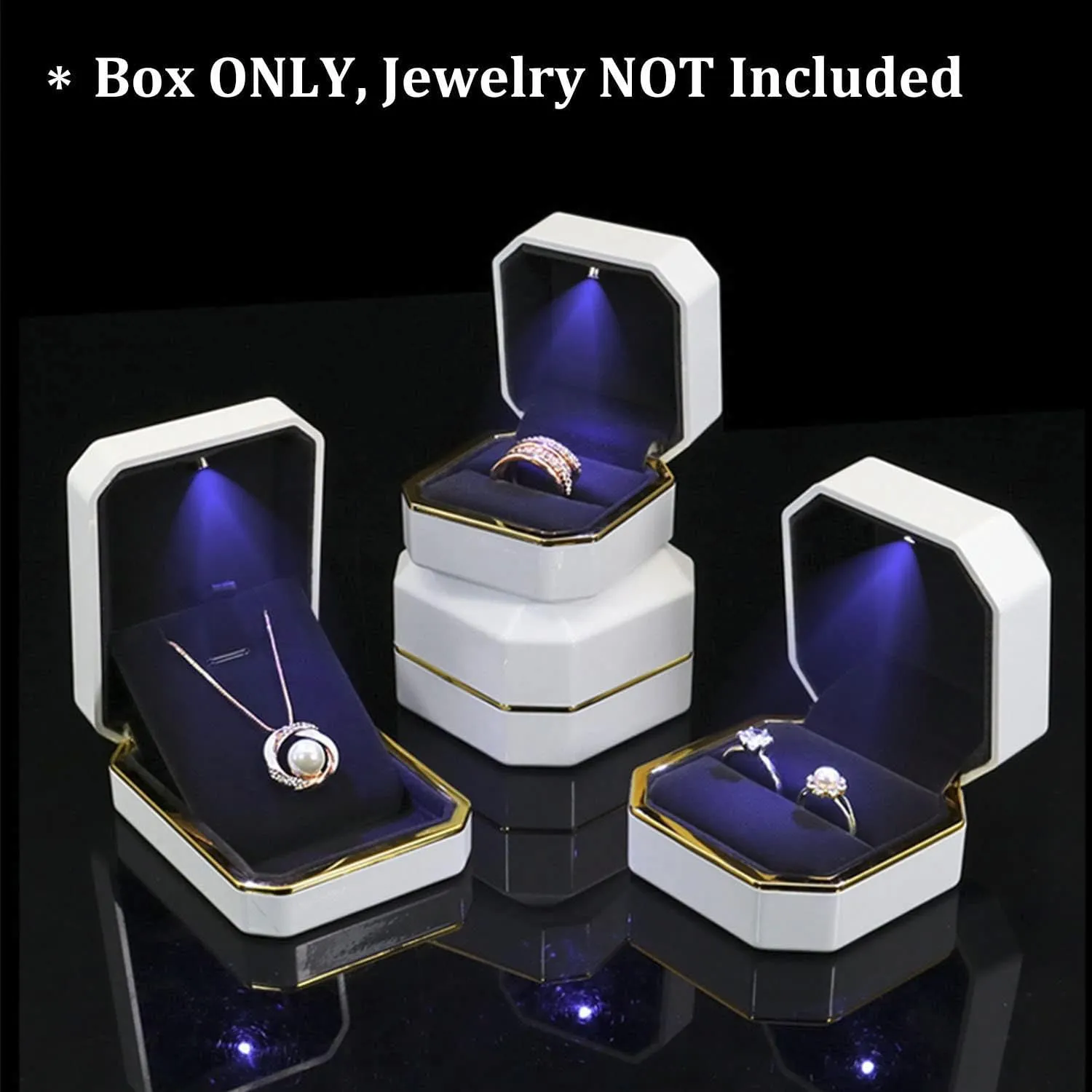 Luxury Ring Box, Square Velvet Wedding Ring Case Jewelry Gift Box with LED Light for Proposal Engagement Wedding, White