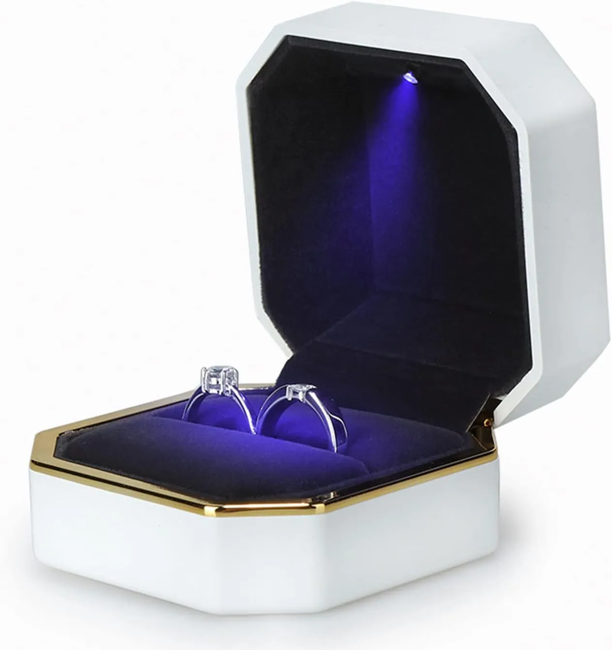 Luxury Ring Box, Square Velvet Wedding Ring Case Jewelry Gift Box with LED Light for Proposal Engagement Wedding, White