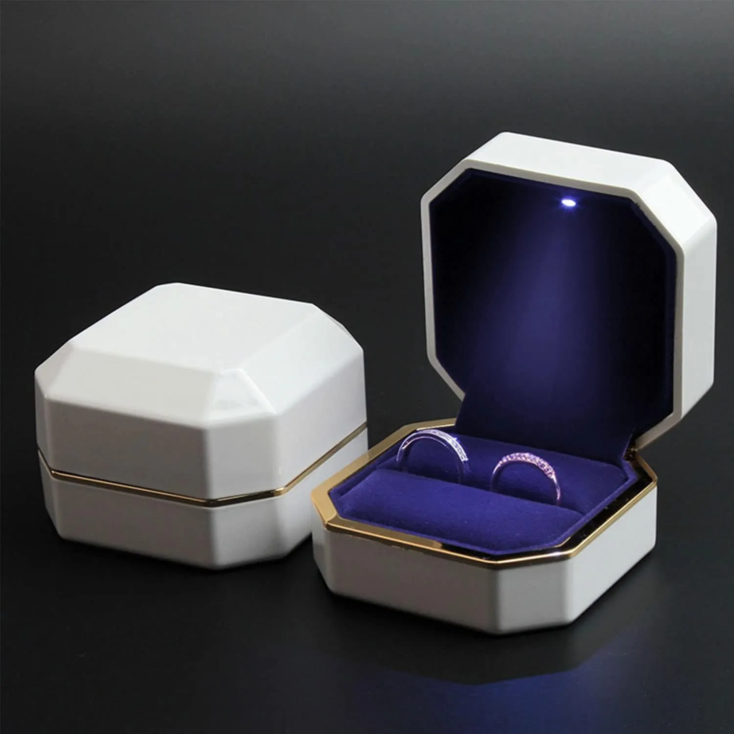 Luxury Ring Box, Square Velvet Wedding Ring Case Jewelry Gift Box with LED Light for Proposal Engagement Wedding, White