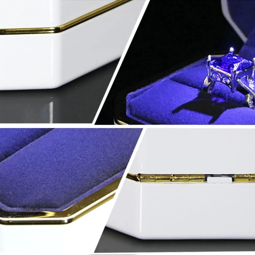 Luxury Ring Box, Square Velvet Wedding Ring Case Jewelry Gift Box with LED Light for Proposal Engagement Wedding, White