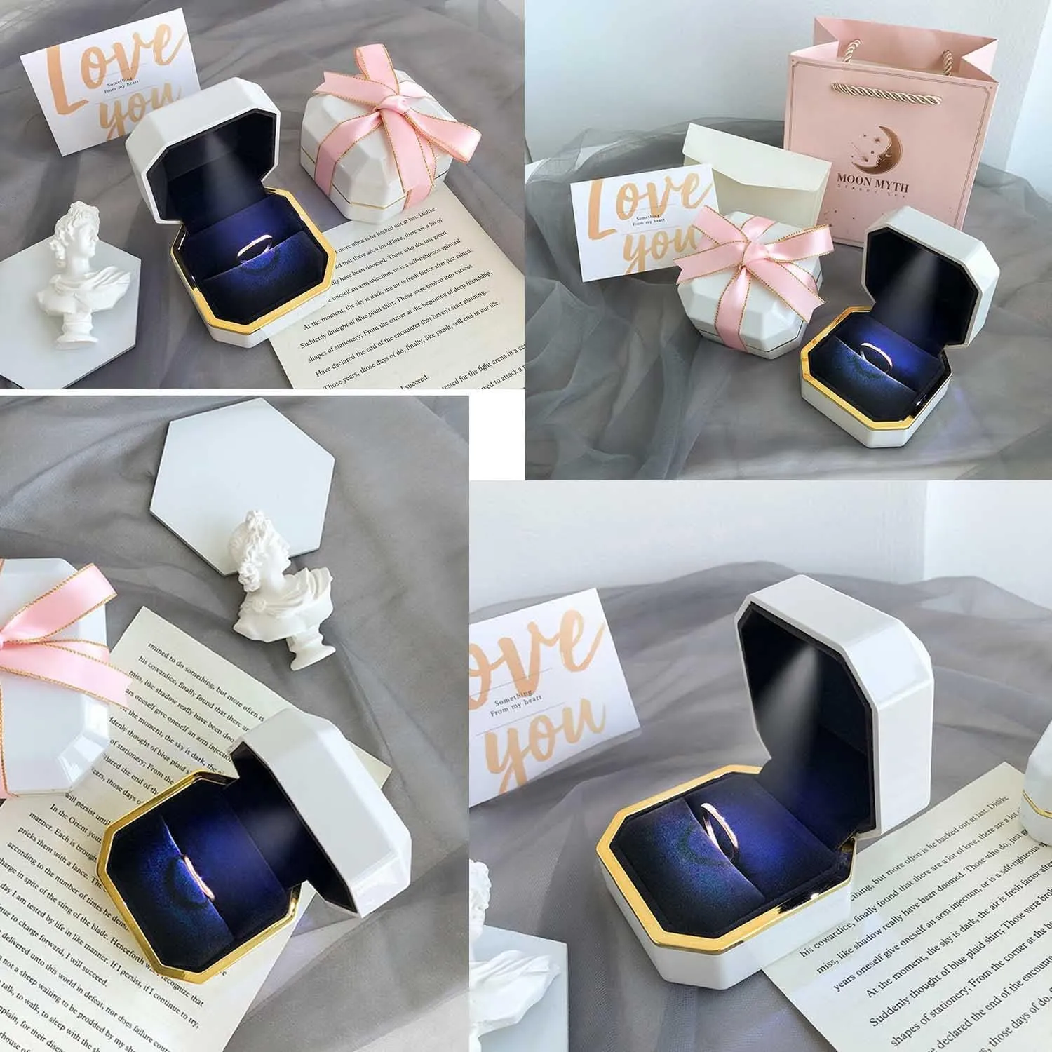 Luxury Ring Box, Square Velvet Wedding Ring Case Jewelry Gift Box with LED Light for Proposal Engagement Wedding, White