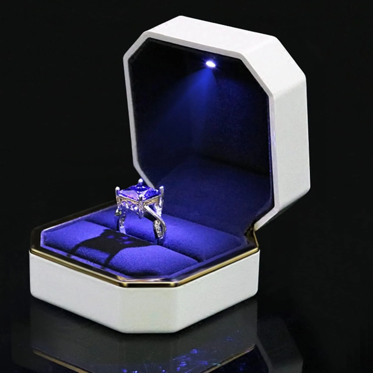 Luxury Ring Box, Square Velvet Wedding Ring Case Jewelry Gift Box with LED Light for Proposal Engagement Wedding, White