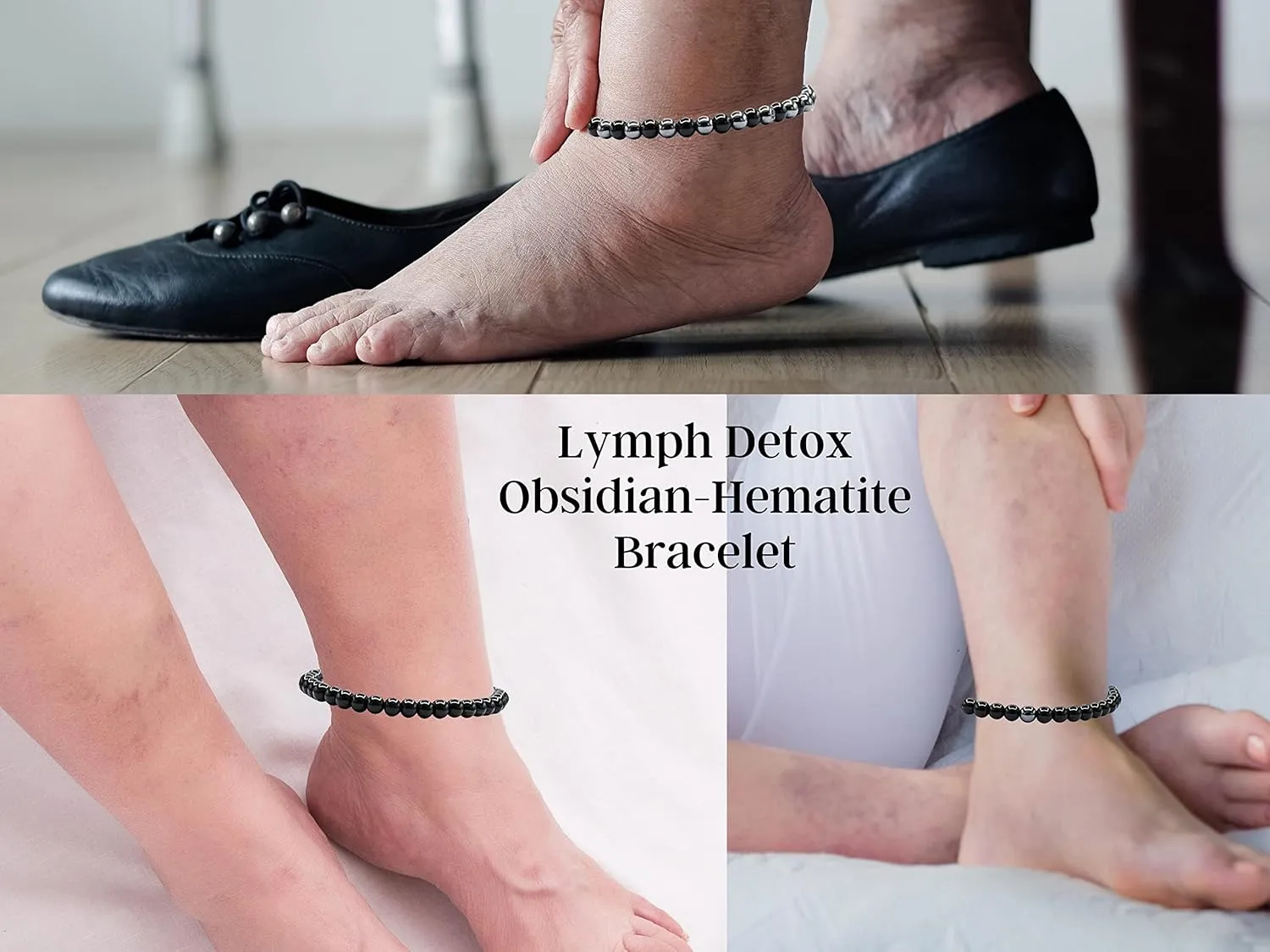 Lymph Detox Magnetic Bracelet Ankle, Black Obsidian Hematite Bracelet Pulseras Para Hombres Mujer Stocking Stuffers (Set of 3)